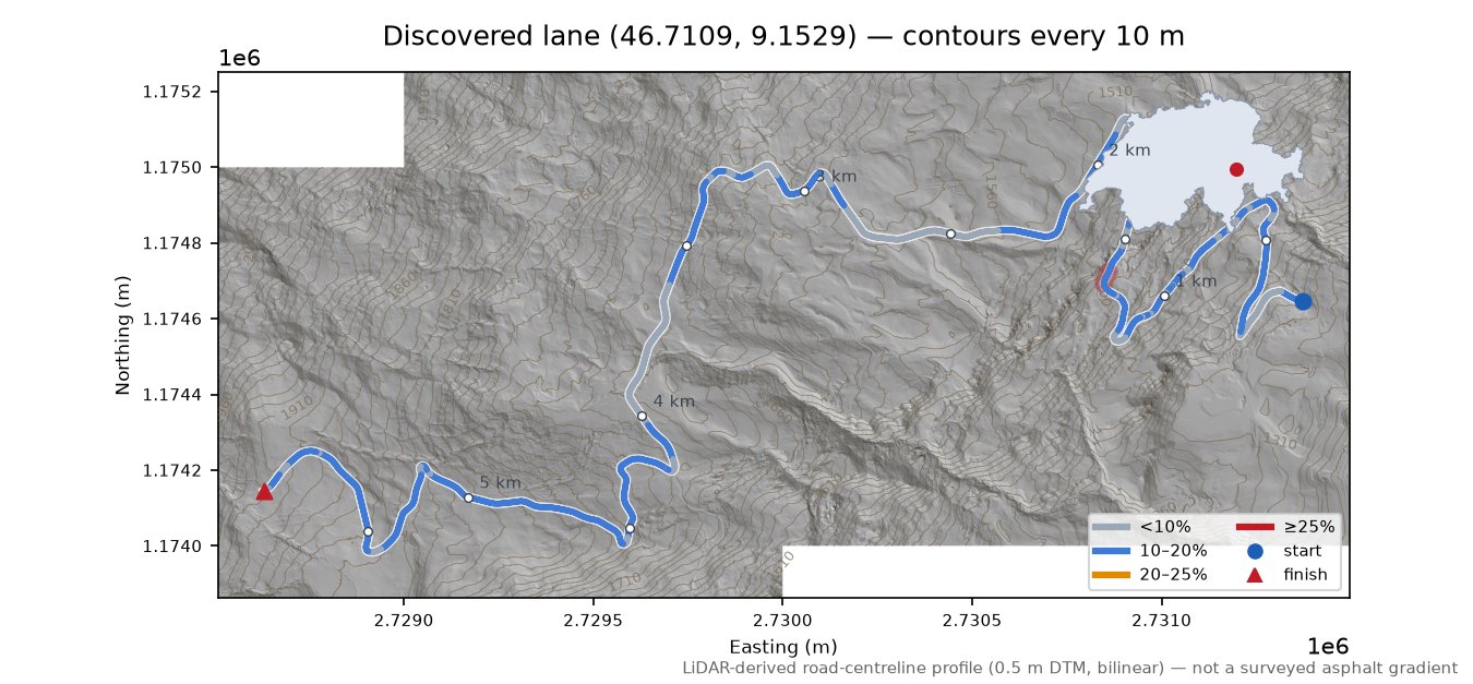 Discovered lane (46.7109, 9.1529) LiDAR hillshade map with contours