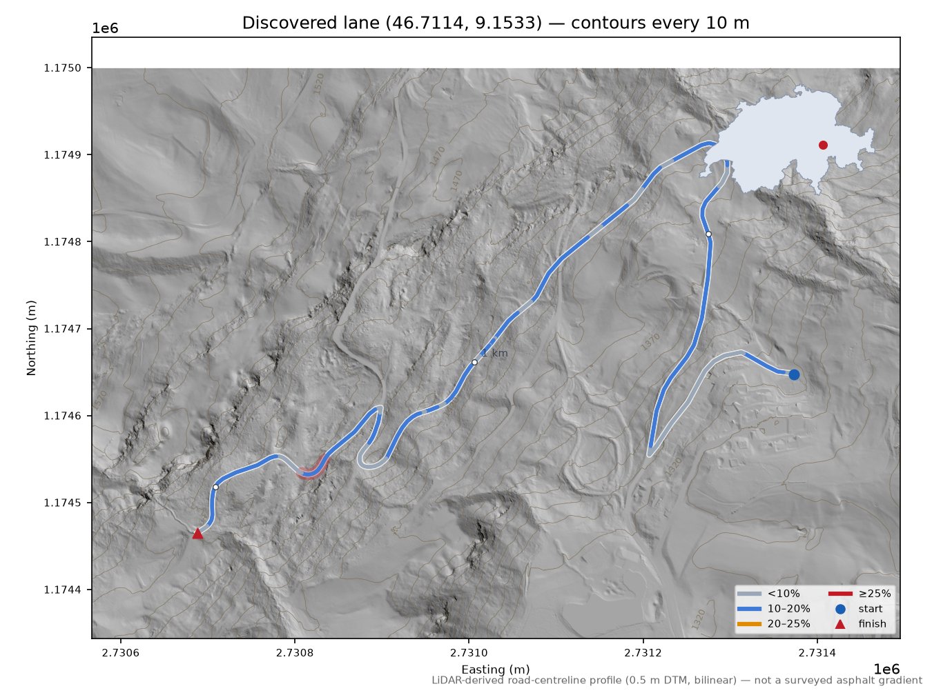 Discovered lane (46.7114, 9.1533) LiDAR hillshade map with contours