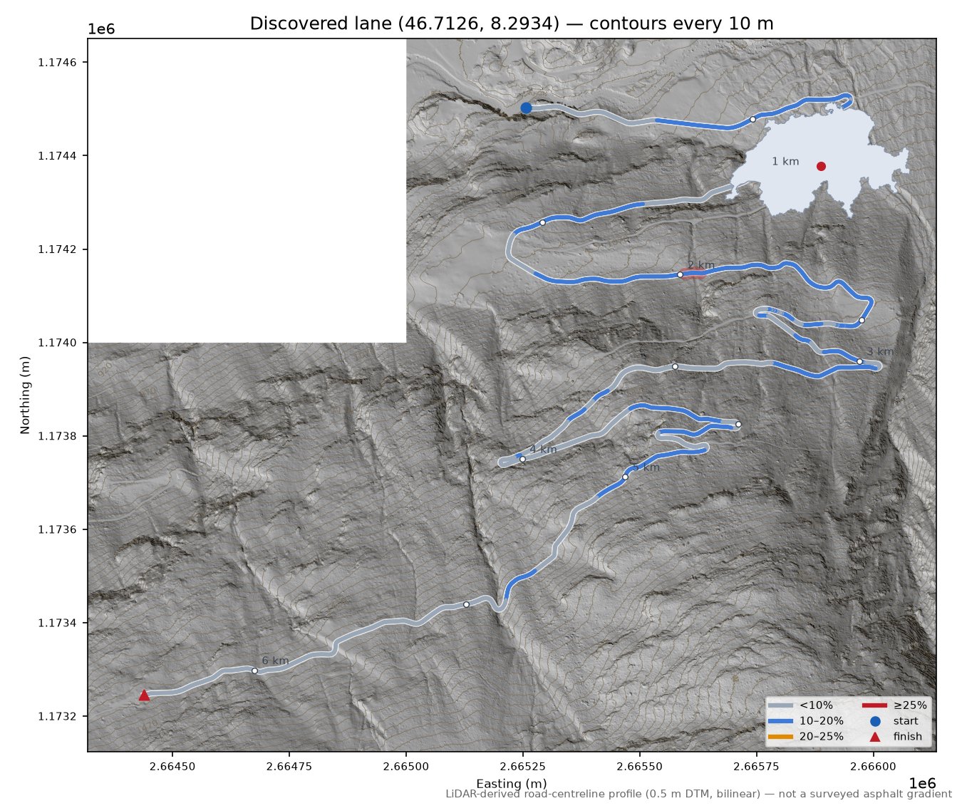 Discovered lane (46.7126, 8.2934) LiDAR hillshade map with contours