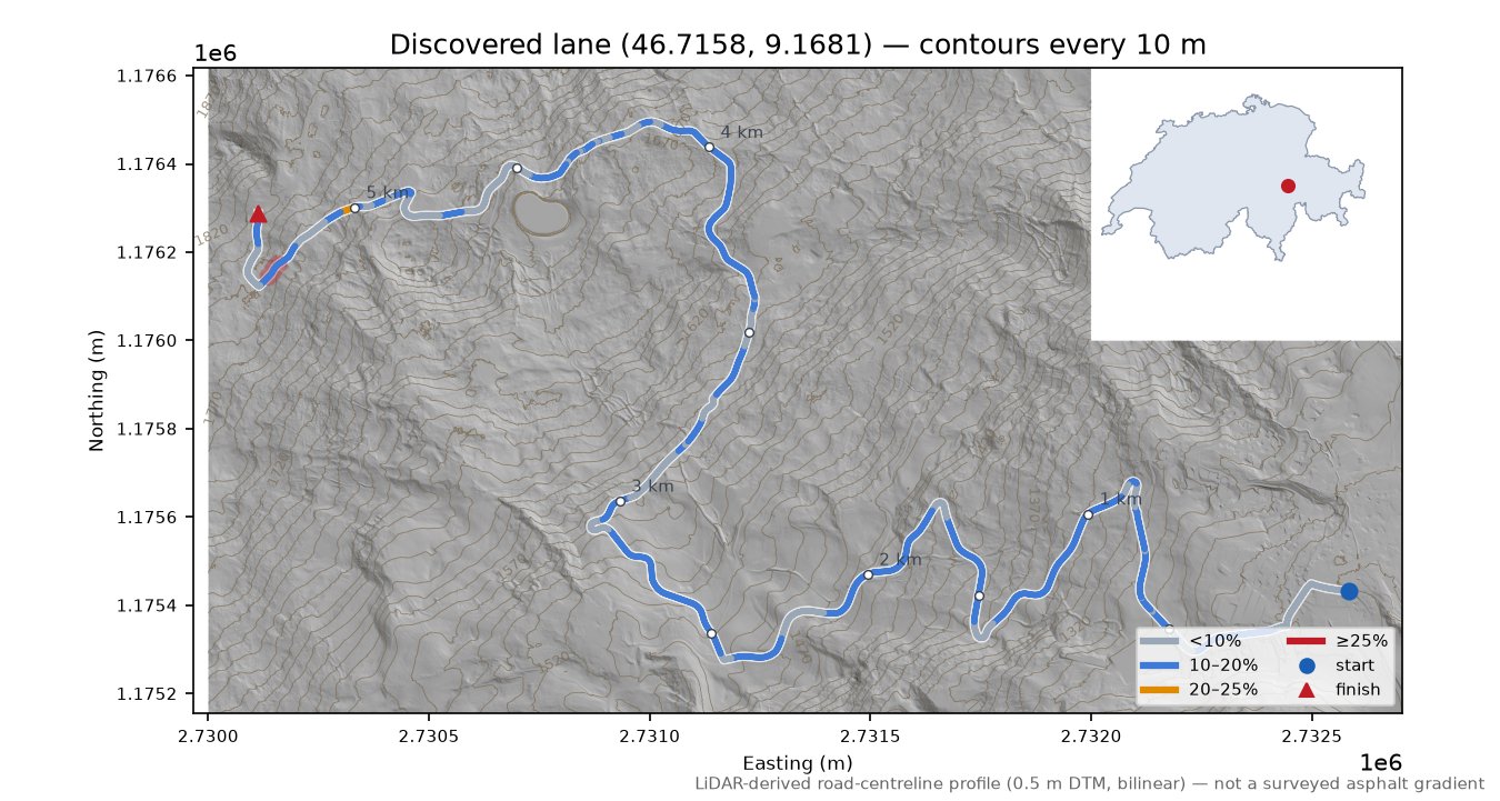 Discovered lane (46.7158, 9.1681) LiDAR hillshade map with contours