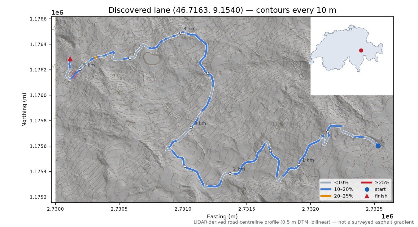 Discovered lane (46.7163, 9.1540) LiDAR hillshade map with contours