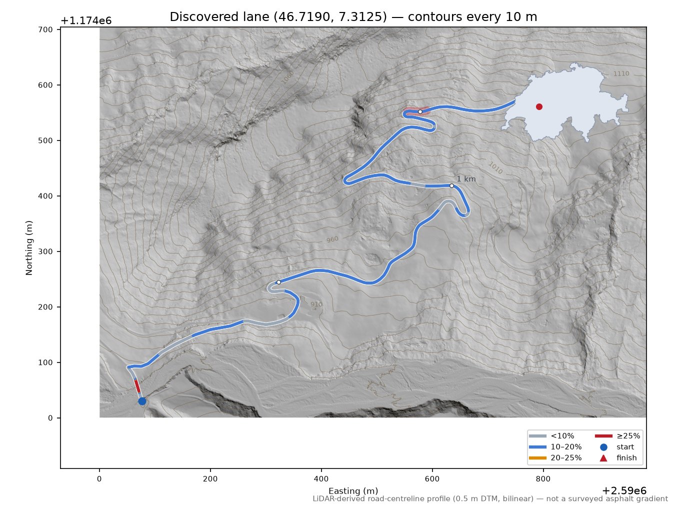 Discovered lane (46.7190, 7.3125) LiDAR hillshade map with contours