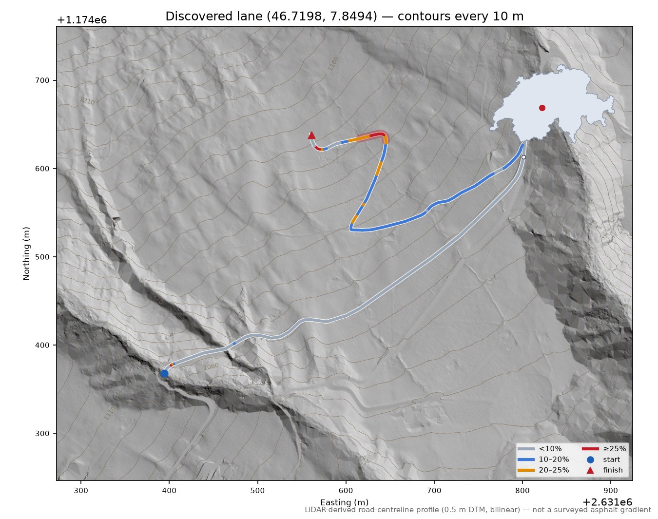 Discovered lane (46.7198, 7.8494) LiDAR hillshade map with contours