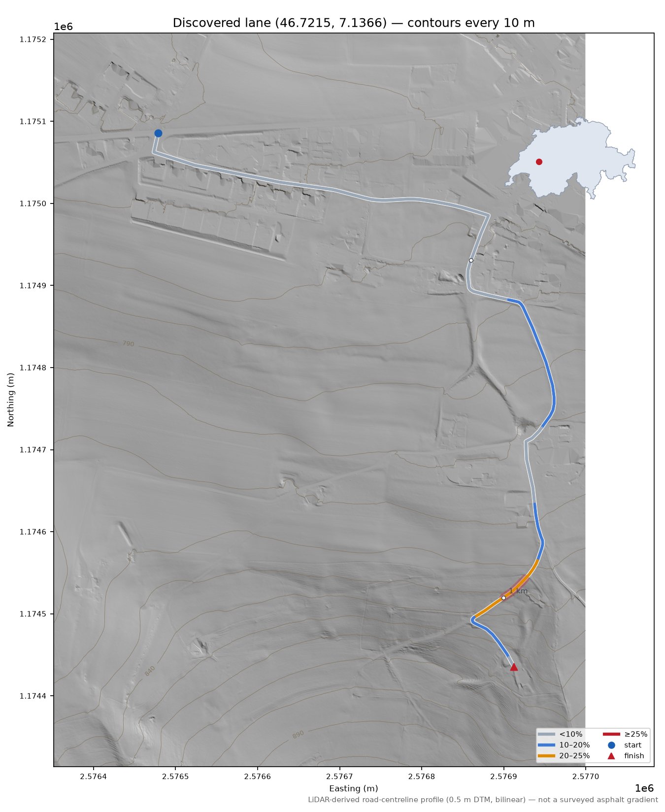 Discovered lane (46.7215, 7.1366) LiDAR hillshade map with contours