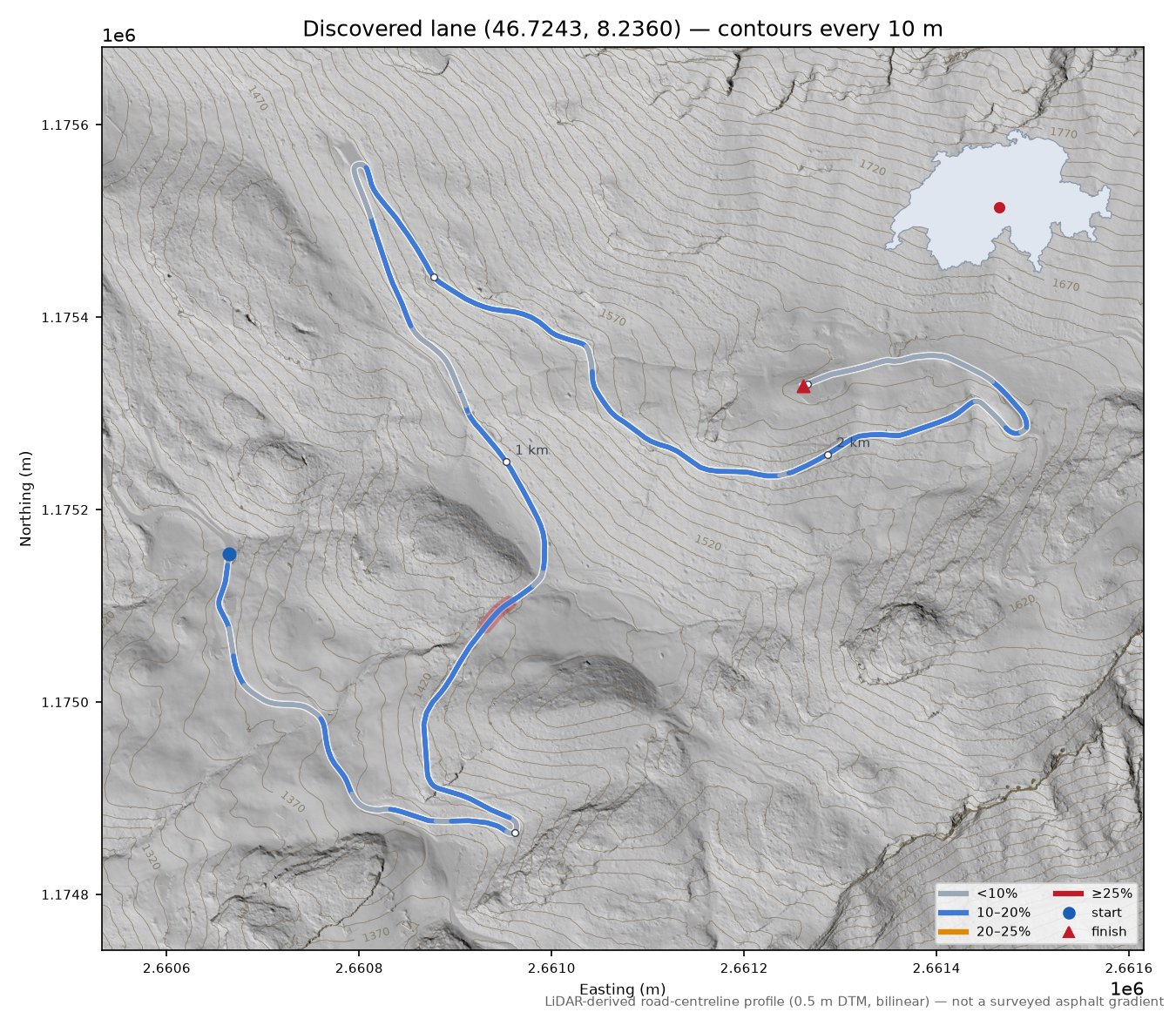 Discovered lane (46.7243, 8.2360) LiDAR hillshade map with contours