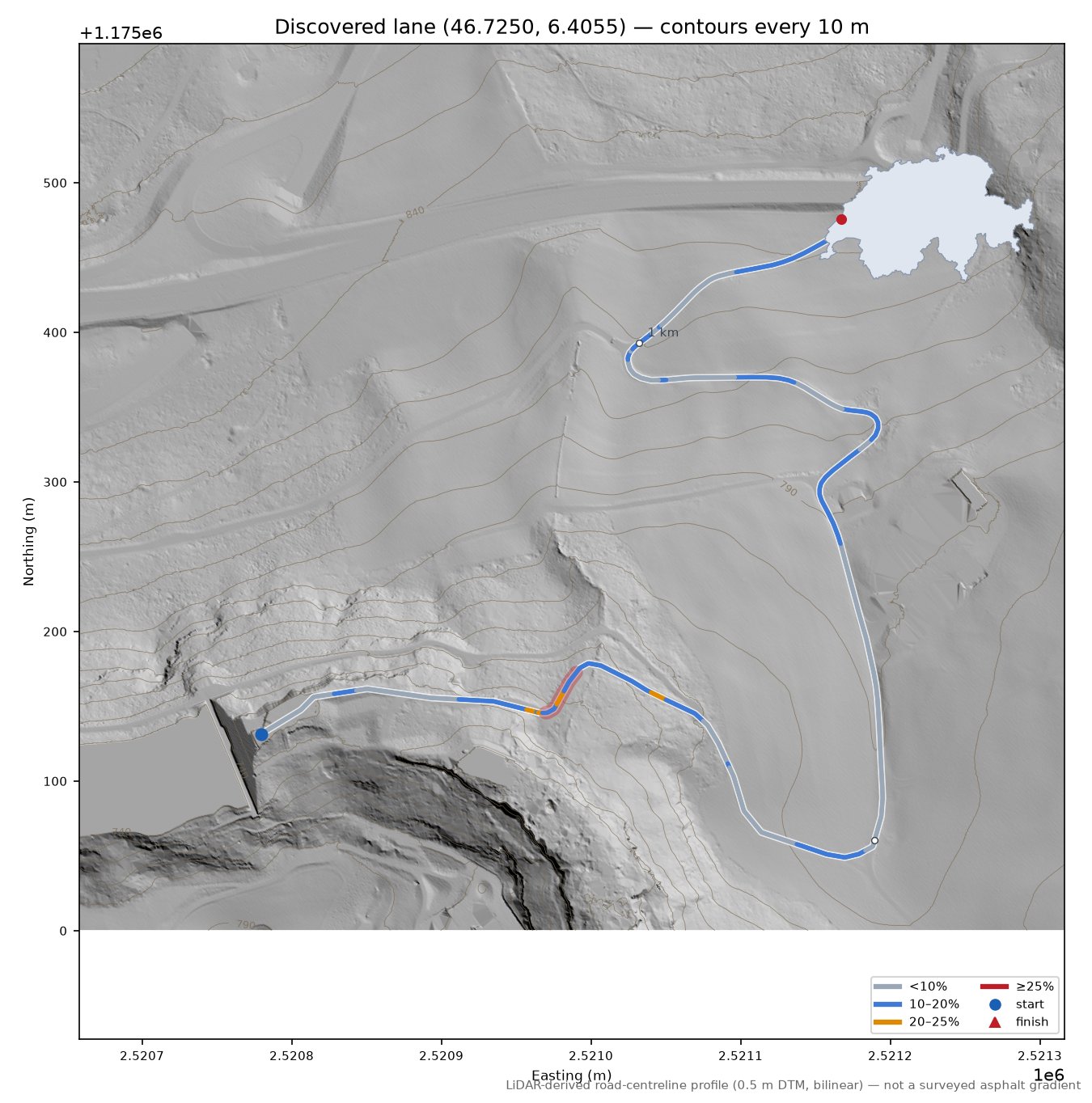 Discovered lane (46.7250, 6.4055) LiDAR hillshade map with contours