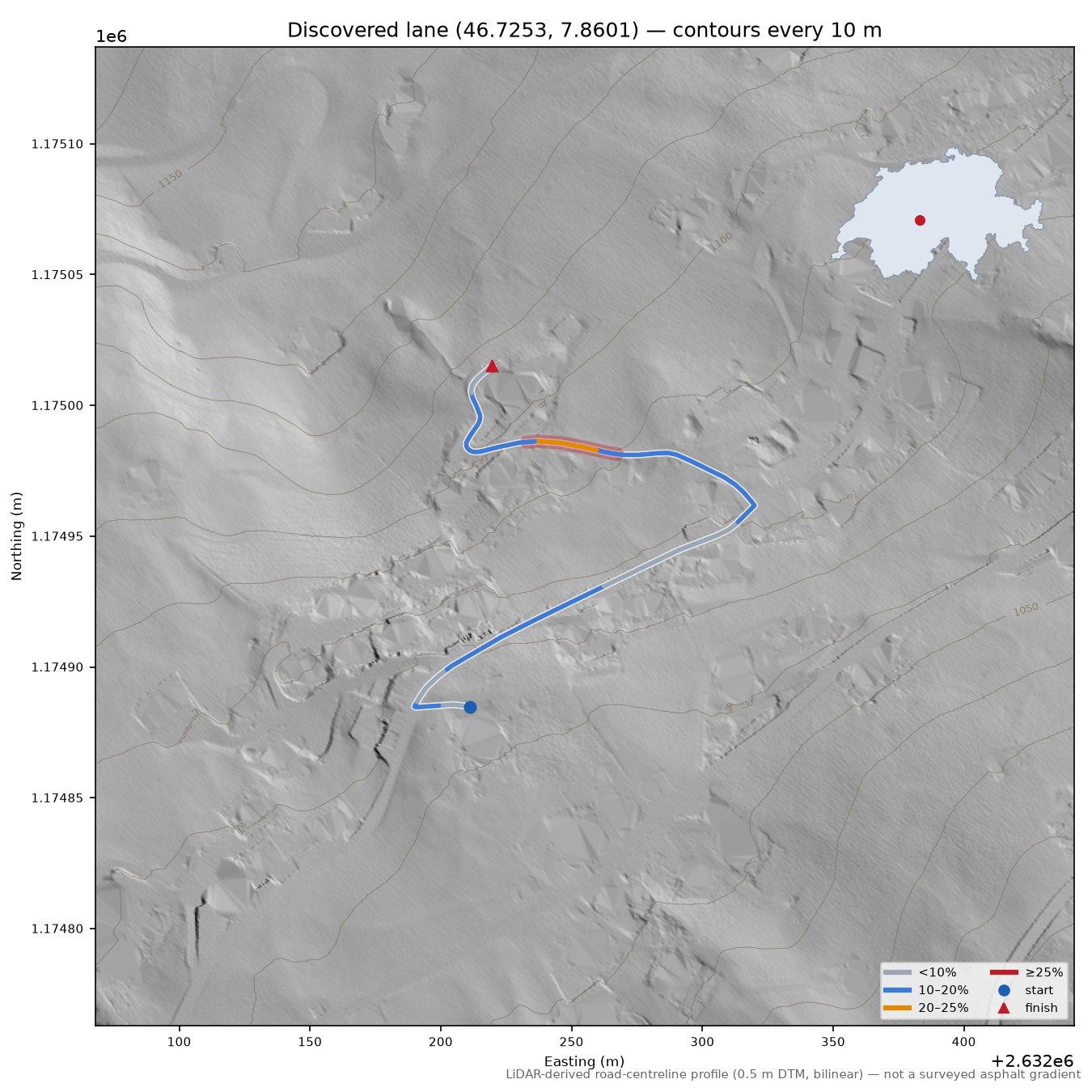 Discovered lane (46.7253, 7.8601) LiDAR hillshade map with contours