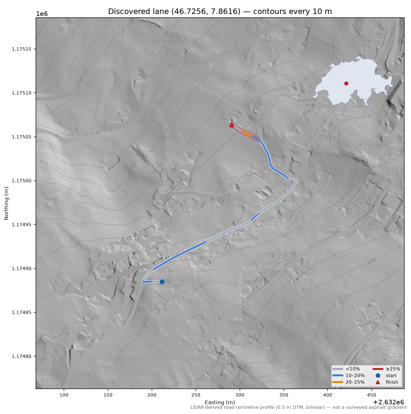 Discovered lane (46.7256, 7.8616) LiDAR hillshade map with contours