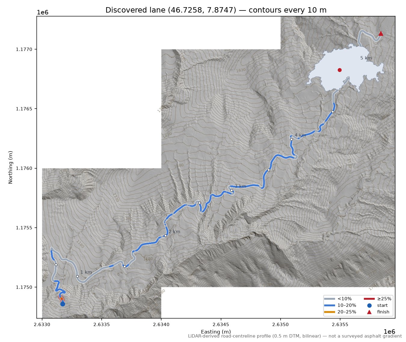 Discovered lane (46.7258, 7.8747) LiDAR hillshade map with contours