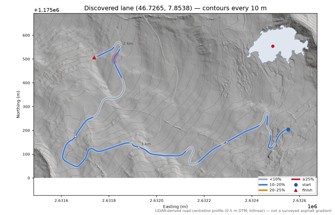 Discovered lane (46.7265, 7.8538) LiDAR hillshade map with contours