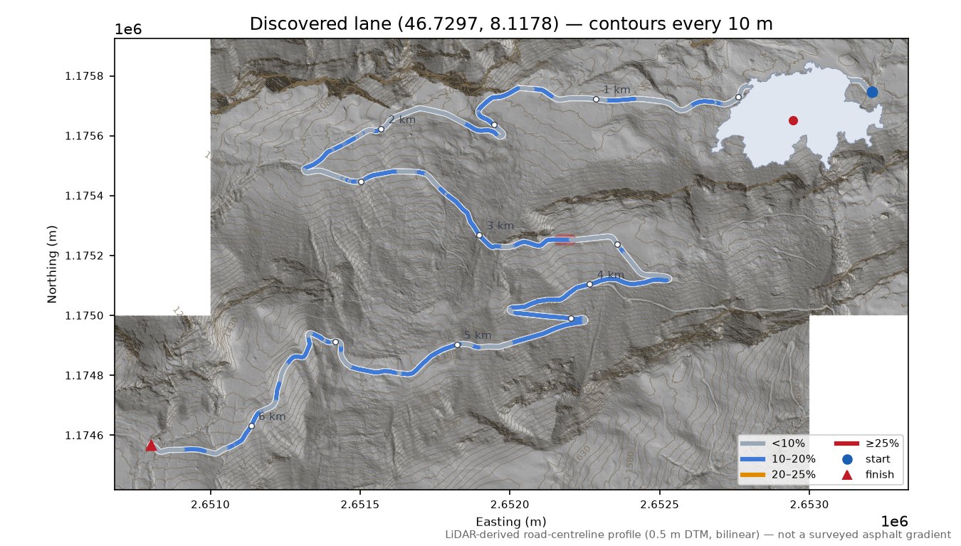 Discovered lane (46.7297, 8.1178) LiDAR hillshade map with contours