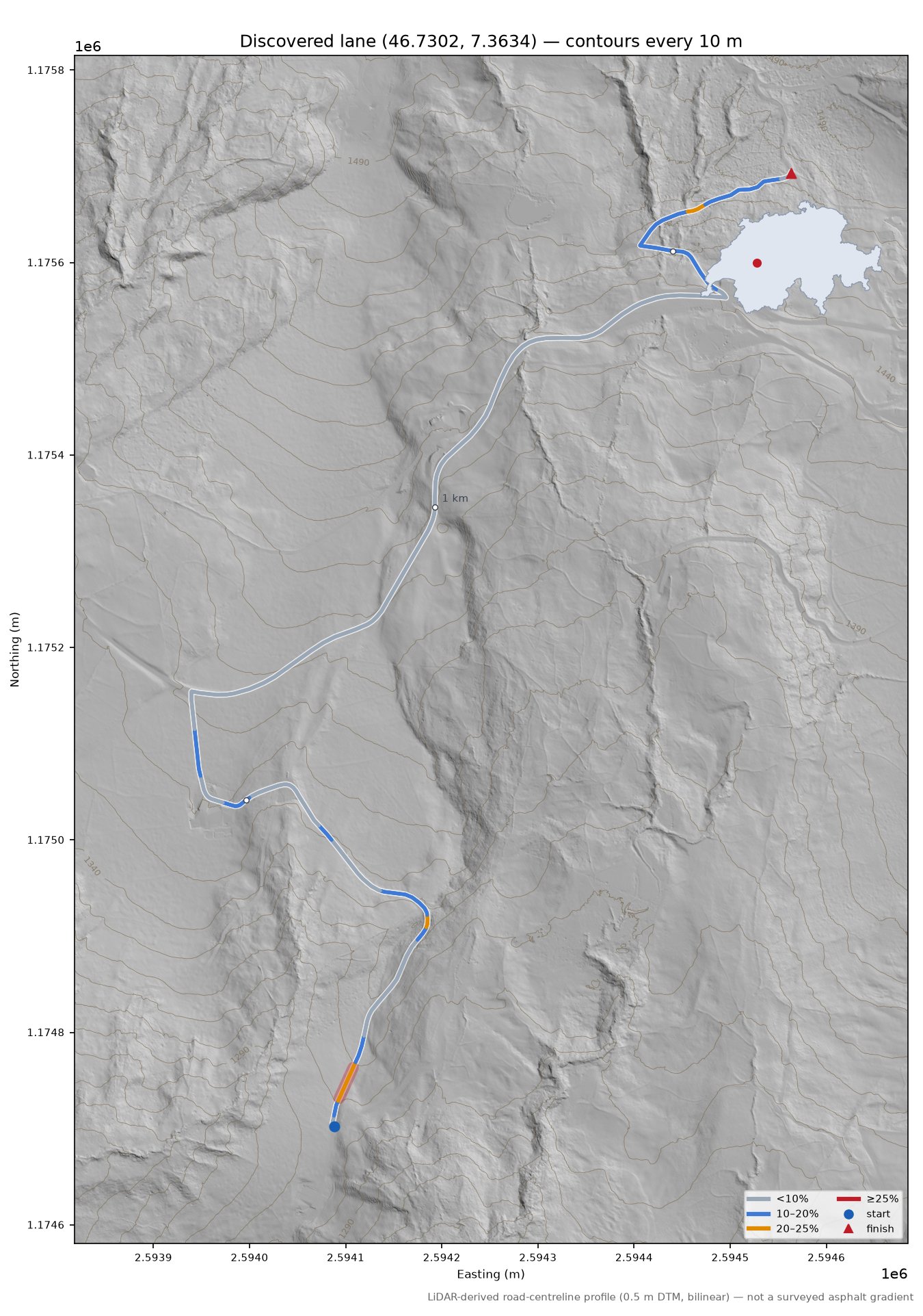 Discovered lane (46.7302, 7.3634) LiDAR hillshade map with contours
