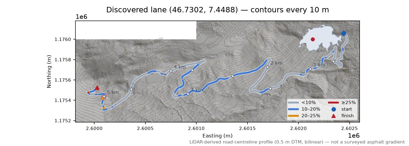 Discovered lane (46.7302, 7.4488) LiDAR hillshade map with contours