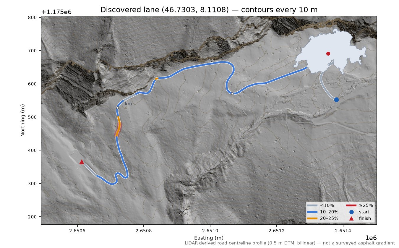 Discovered lane (46.7303, 8.1108) LiDAR hillshade map with contours