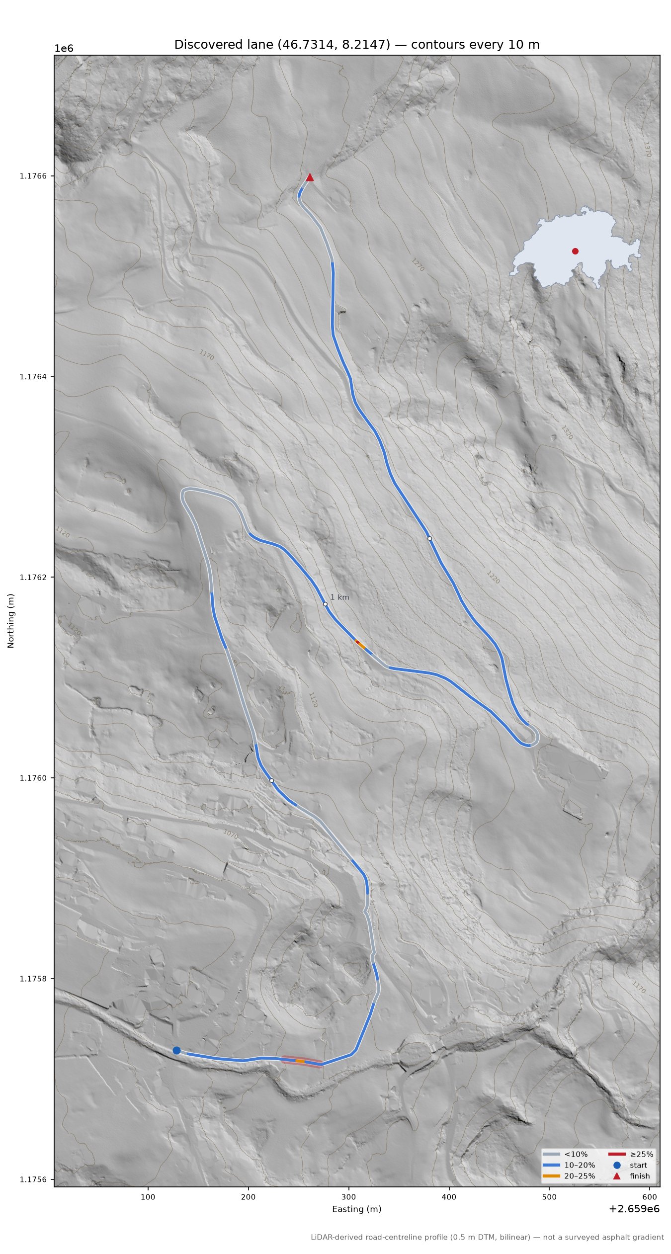 Discovered lane (46.7314, 8.2147) LiDAR hillshade map with contours