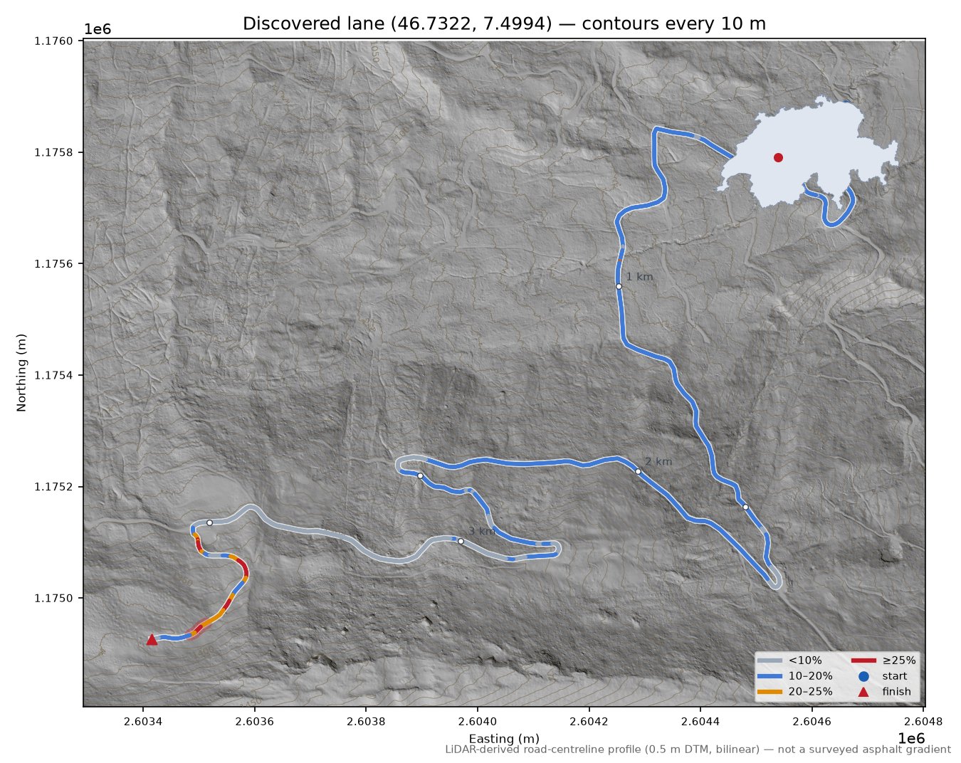 Discovered lane (46.7322, 7.4994) LiDAR hillshade map with contours