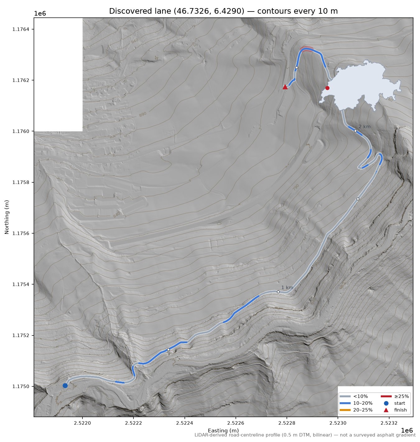Discovered lane (46.7326, 6.4290) LiDAR hillshade map with contours