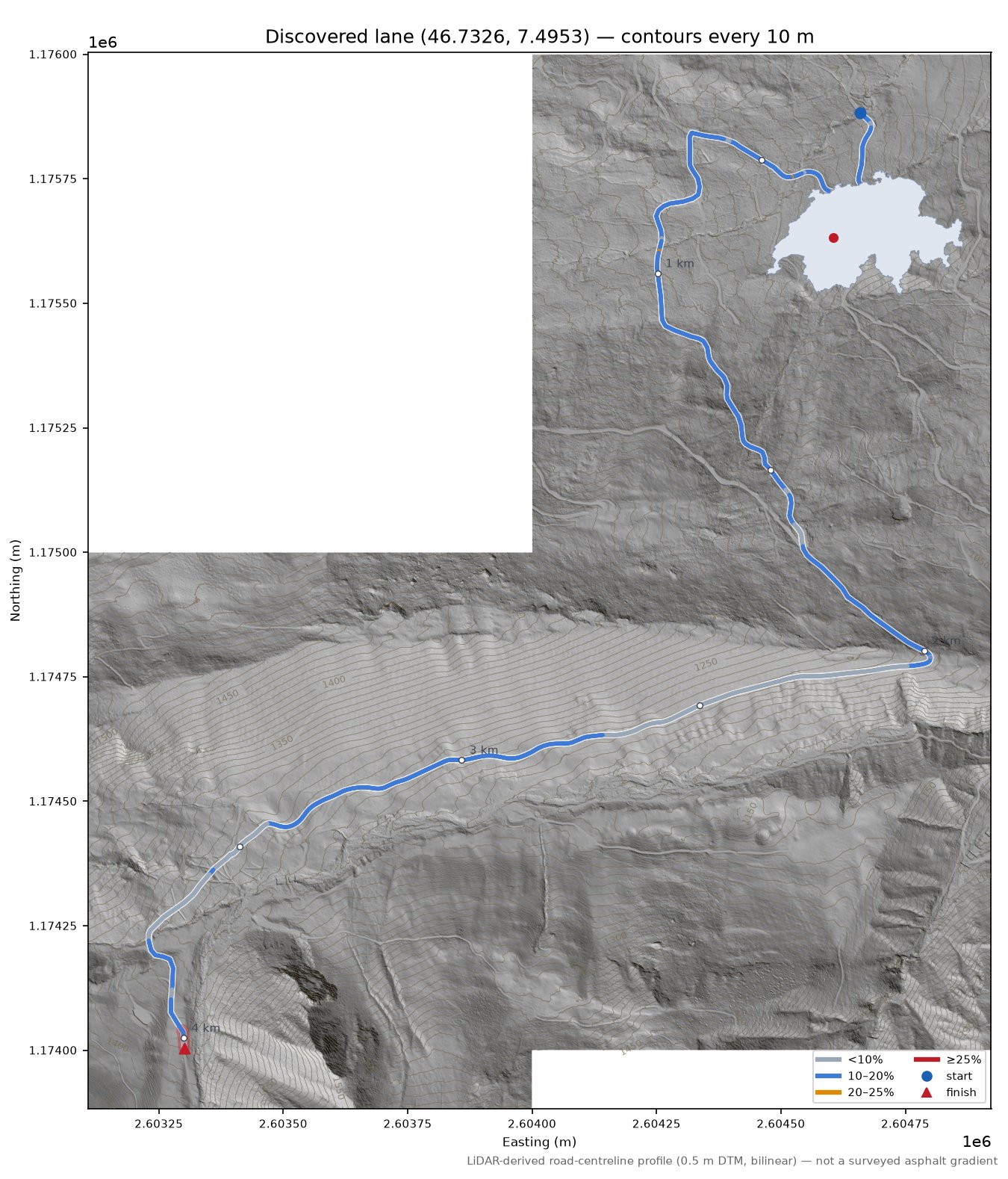 Discovered lane (46.7326, 7.4953) LiDAR hillshade map with contours