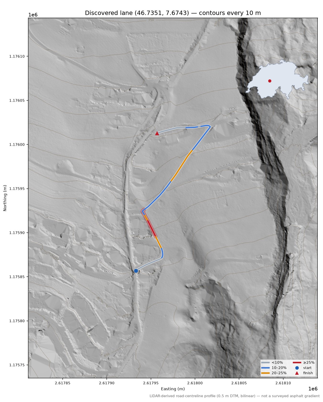 Discovered lane (46.7351, 7.6743) LiDAR hillshade map with contours