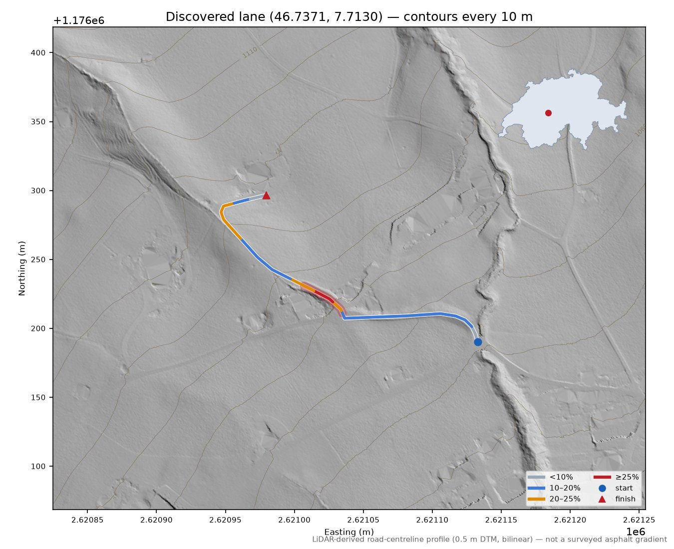 Discovered lane (46.7371, 7.7130) LiDAR hillshade map with contours