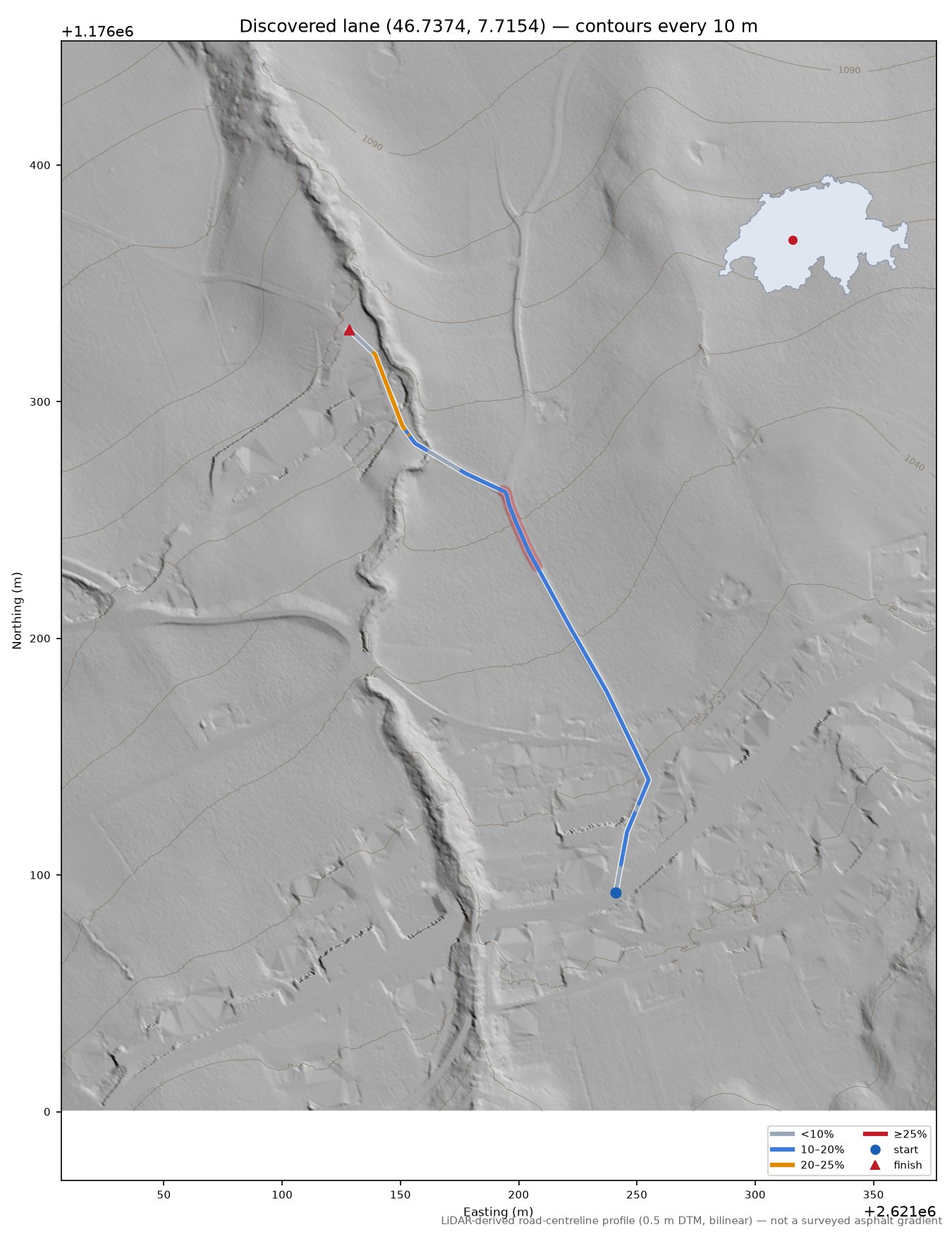 Discovered lane (46.7374, 7.7154) LiDAR hillshade map with contours