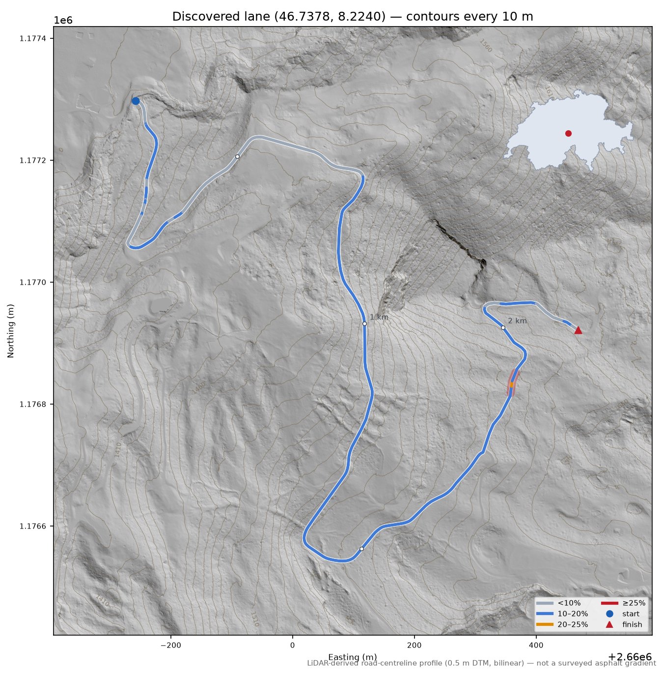 Discovered lane (46.7378, 8.2240) LiDAR hillshade map with contours