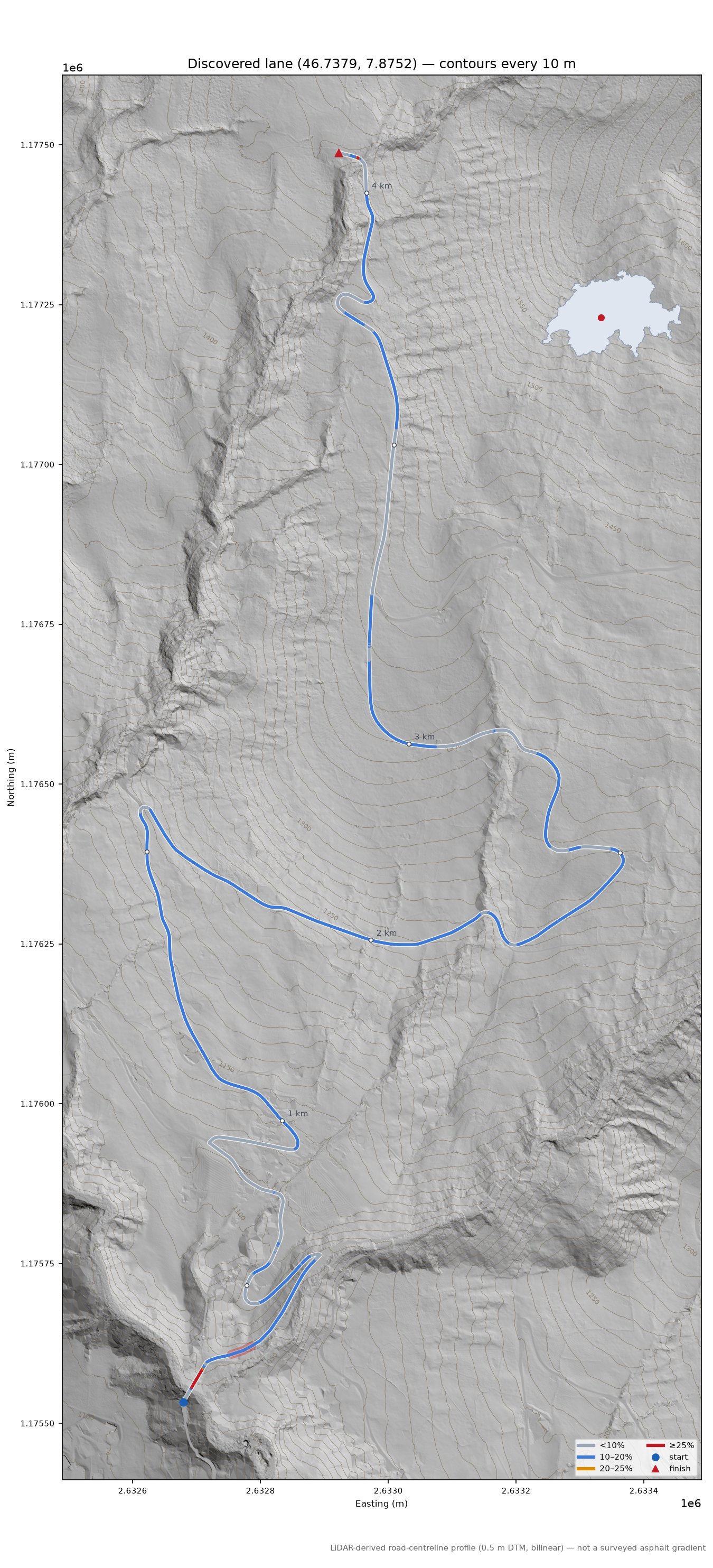 Discovered lane (46.7379, 7.8752) LiDAR hillshade map with contours