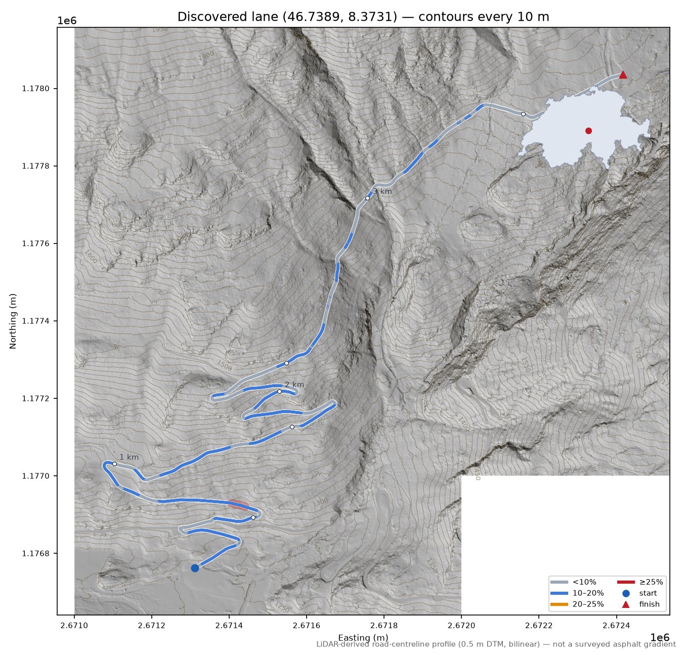Discovered lane (46.7389, 8.3731) LiDAR hillshade map with contours