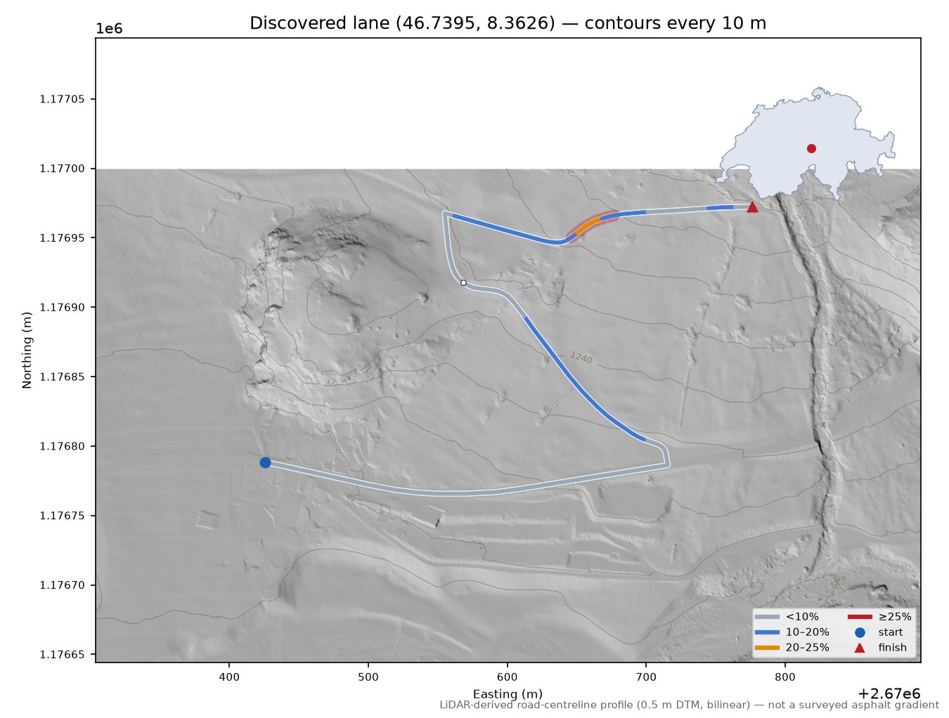 Discovered lane (46.7395, 8.3626) LiDAR hillshade map with contours