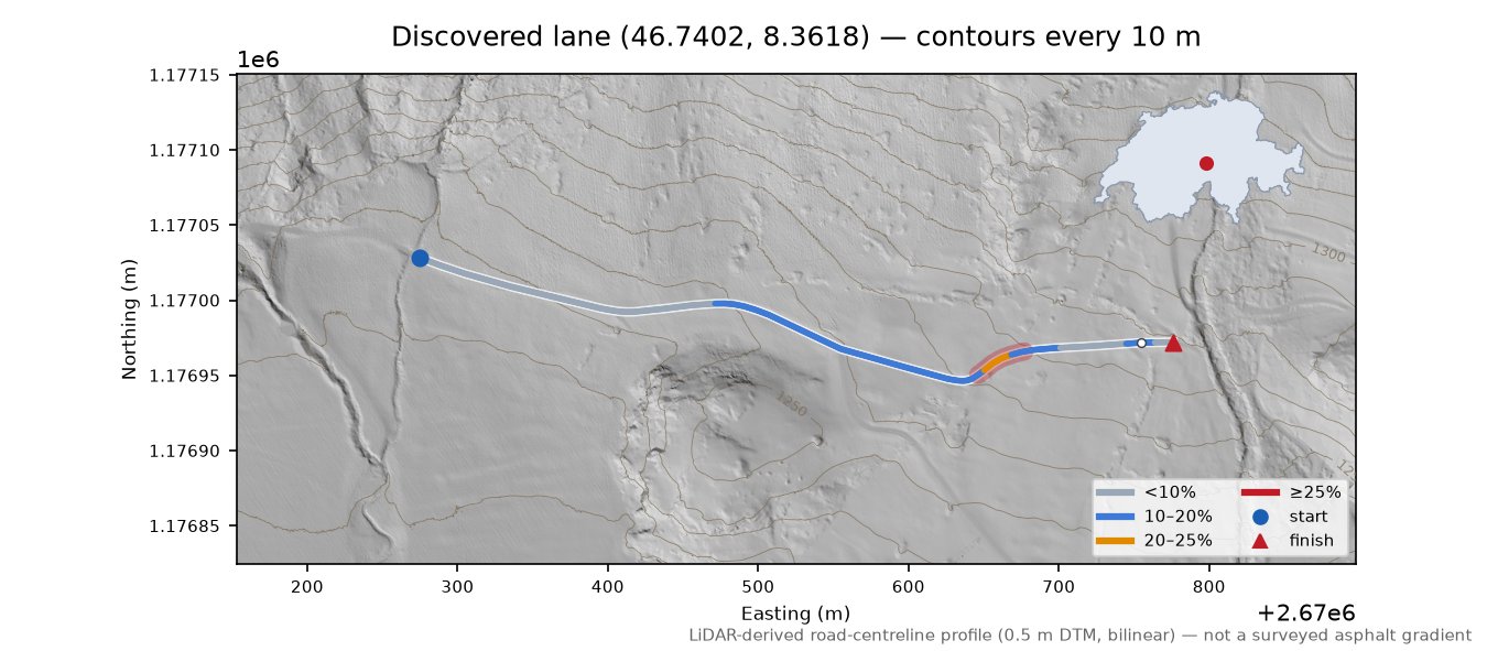 Discovered lane (46.7402, 8.3618) LiDAR hillshade map with contours