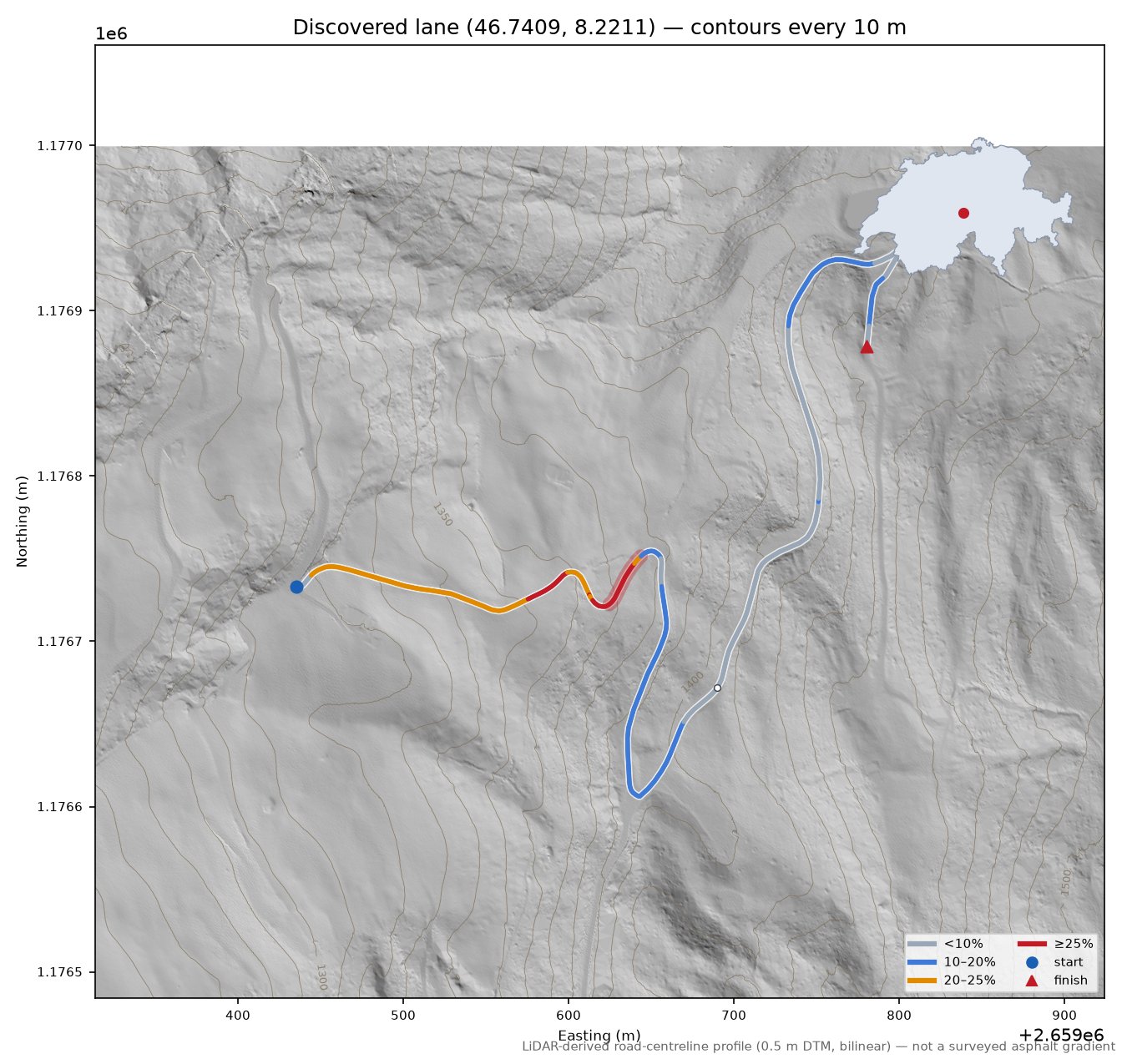 Discovered lane (46.7409, 8.2211) LiDAR hillshade map with contours