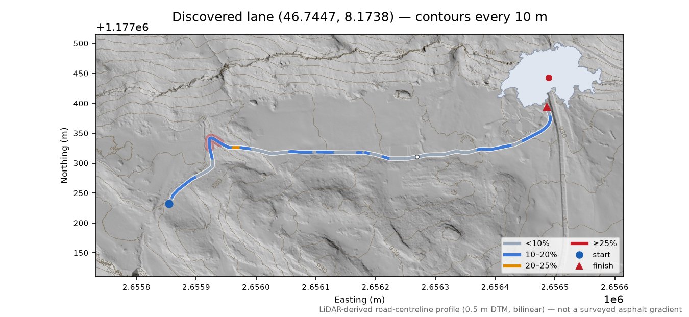 Discovered lane (46.7447, 8.1738) LiDAR hillshade map with contours
