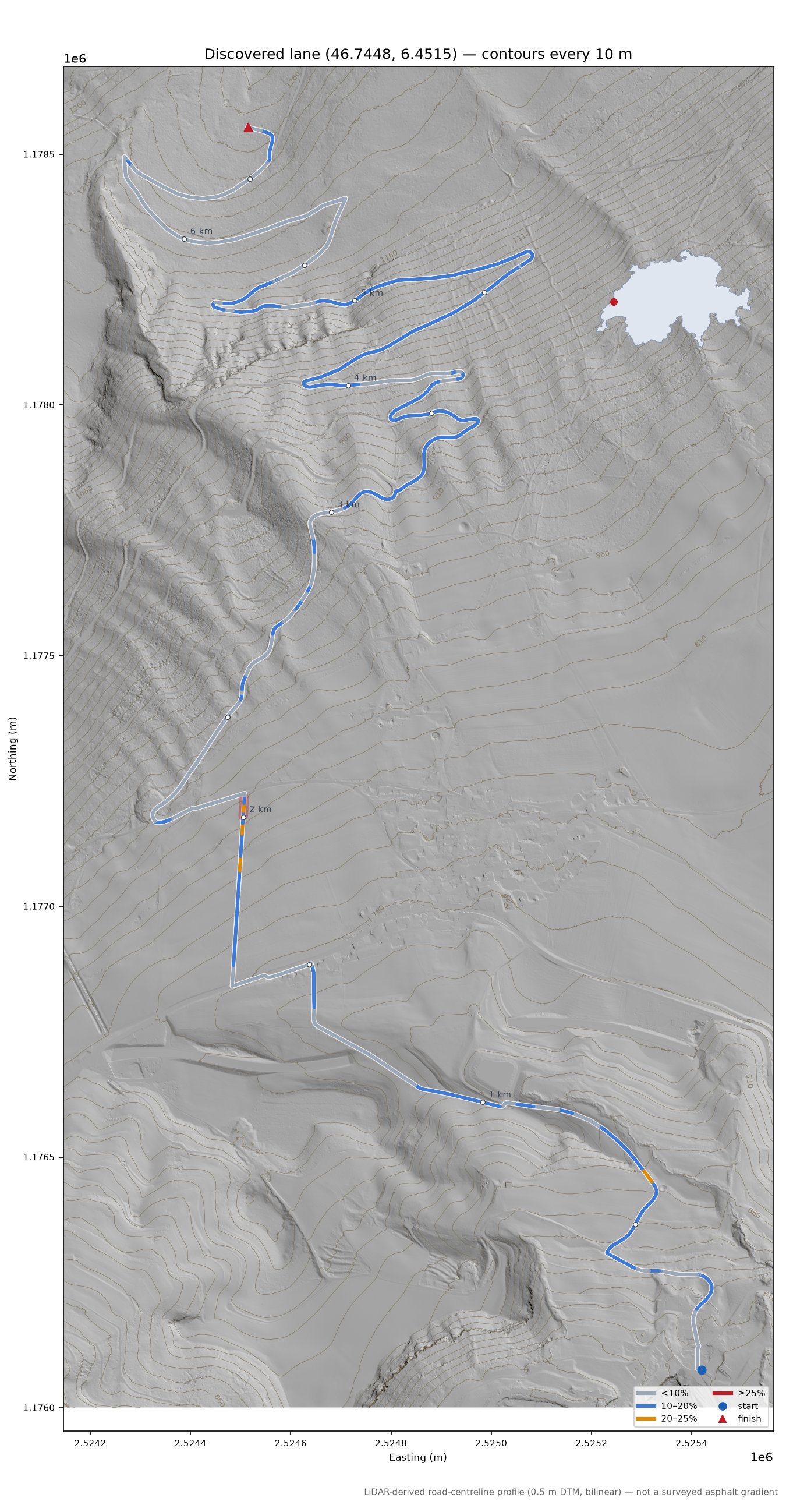 Discovered lane (46.7448, 6.4515) LiDAR hillshade map with contours