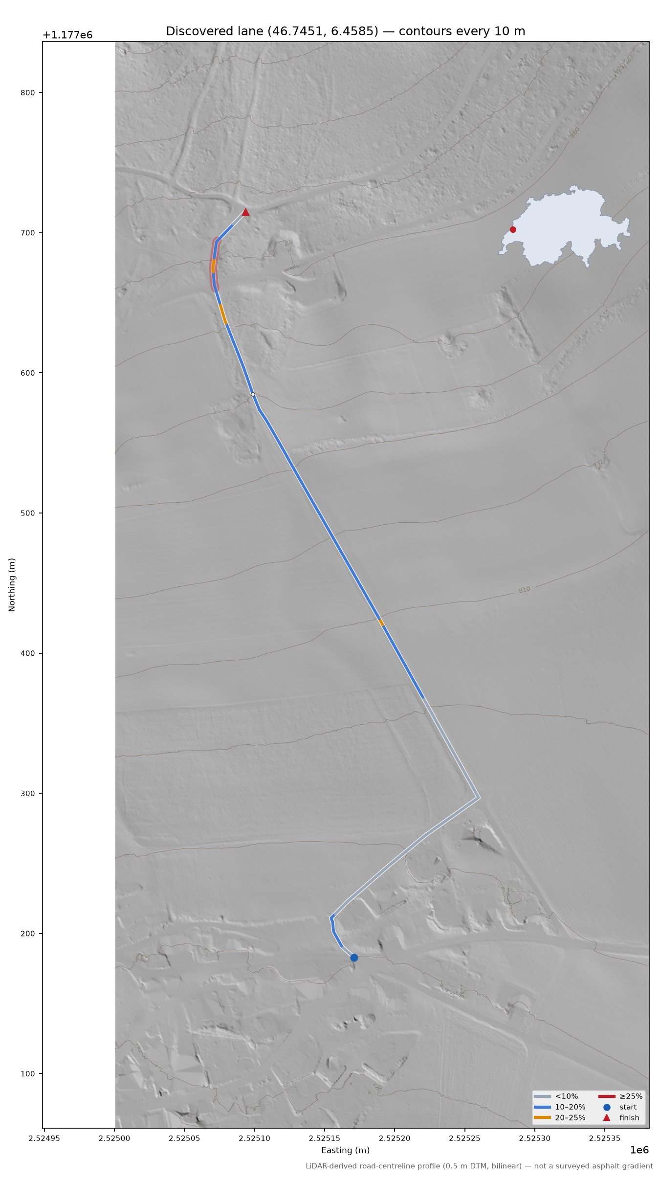 Discovered lane (46.7451, 6.4585) LiDAR hillshade map with contours