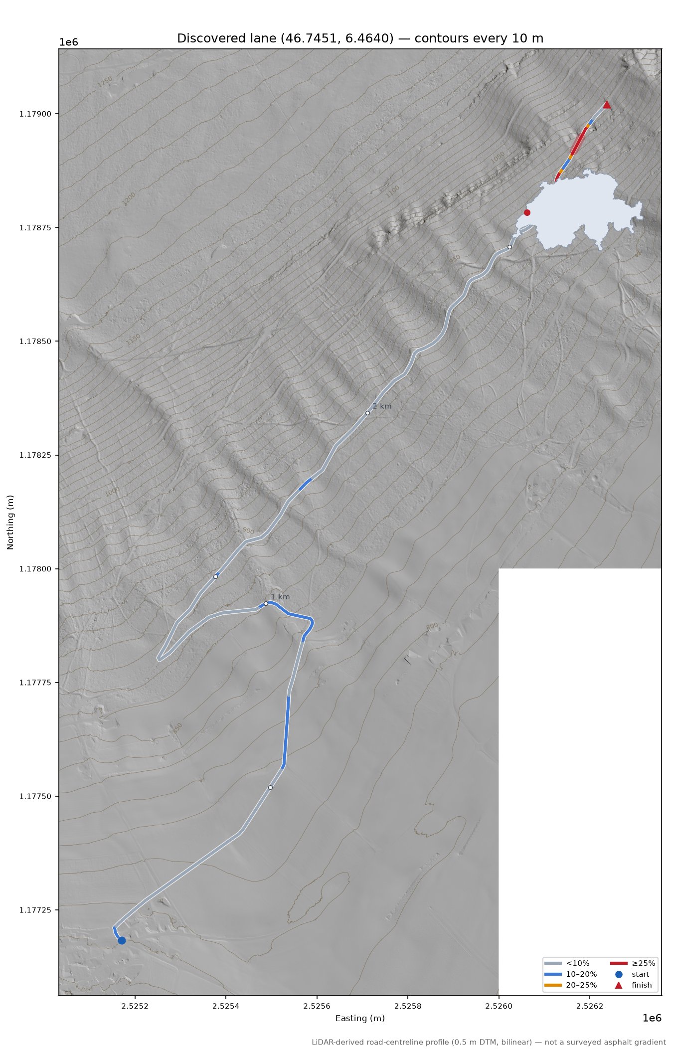 Discovered lane (46.7451, 6.4640) LiDAR hillshade map with contours