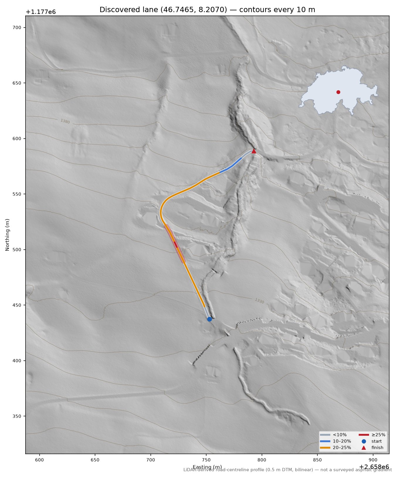 Discovered lane (46.7465, 8.2070) LiDAR hillshade map with contours