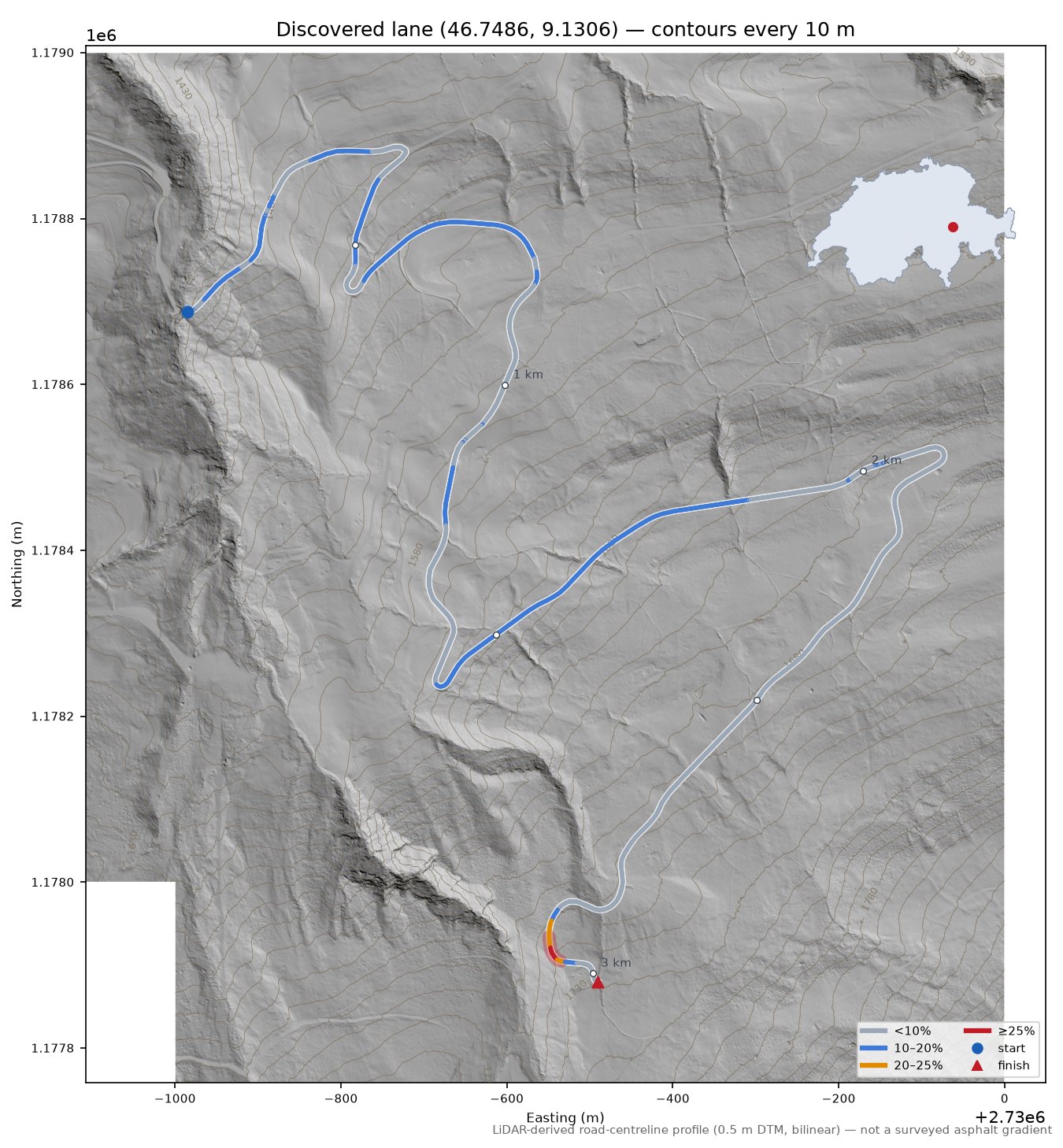 Discovered lane (46.7486, 9.1306) LiDAR hillshade map with contours