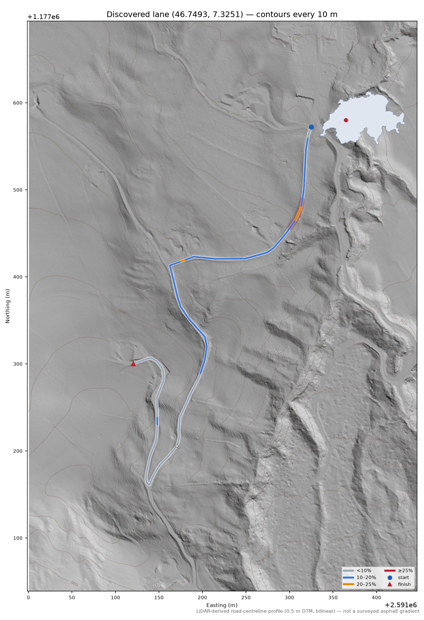 Discovered lane (46.7493, 7.3251) LiDAR hillshade map with contours