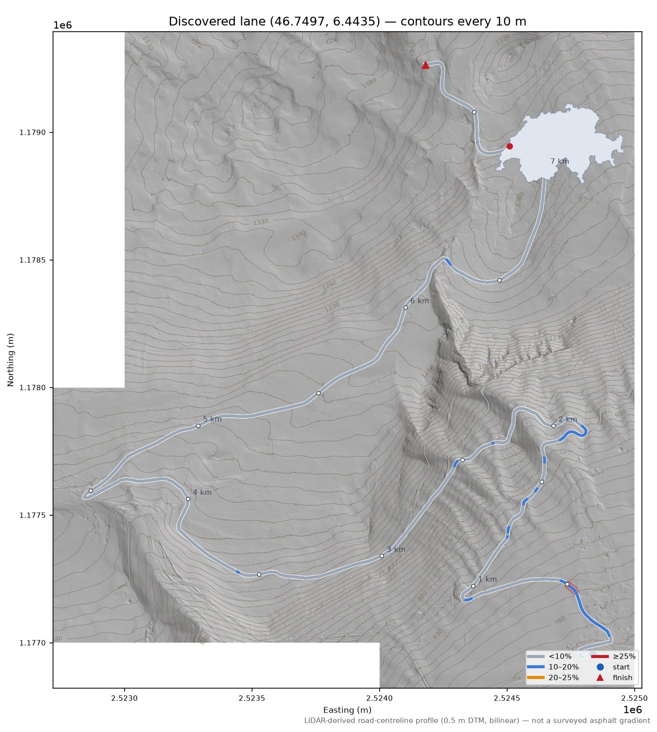 Discovered lane (46.7497, 6.4435) LiDAR hillshade map with contours