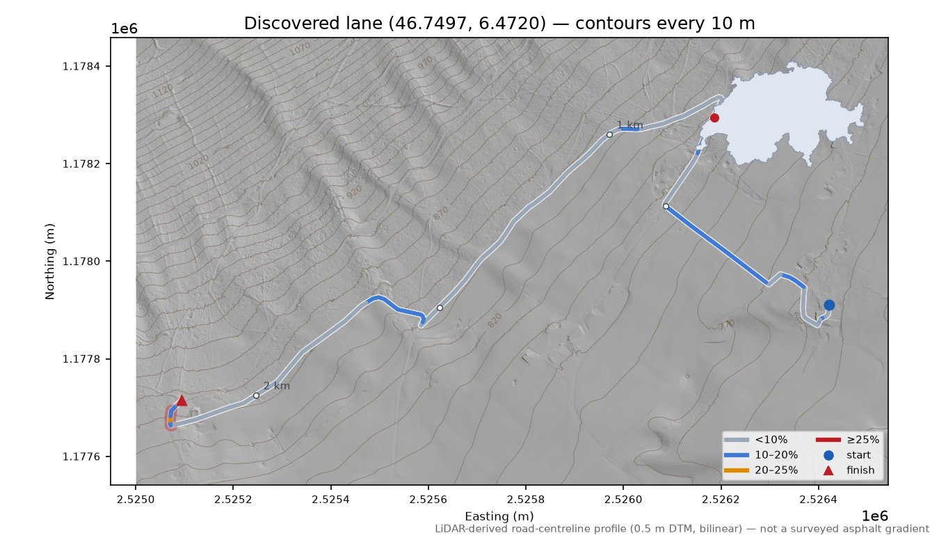 Discovered lane (46.7497, 6.4720) LiDAR hillshade map with contours