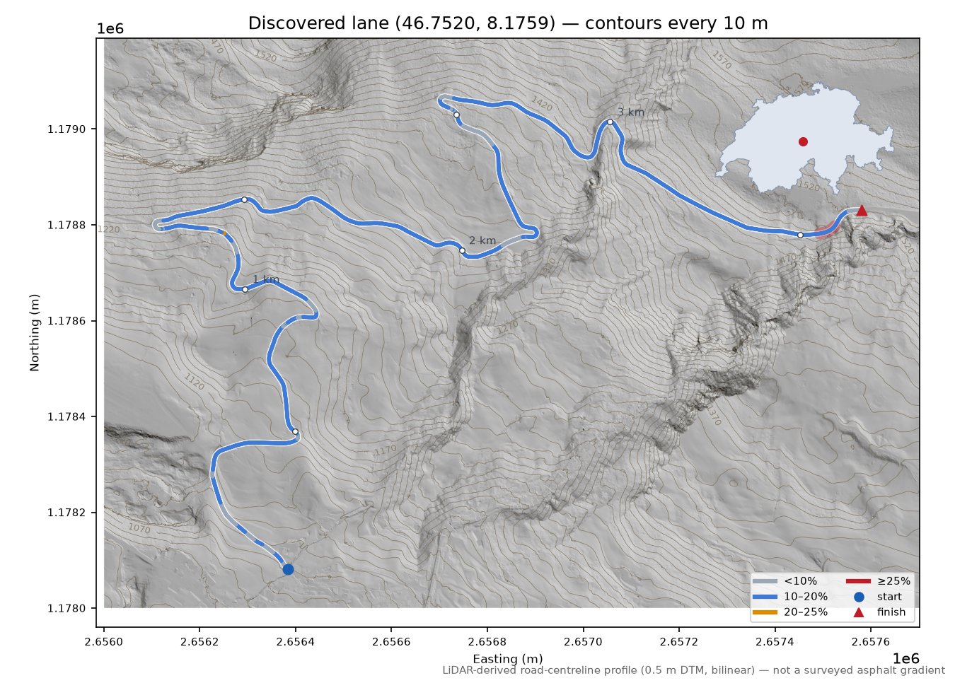 Discovered lane (46.7520, 8.1759) LiDAR hillshade map with contours