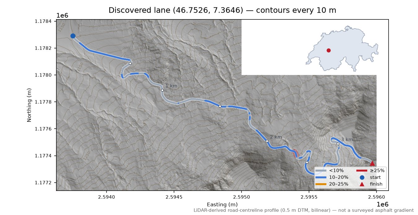 Discovered lane (46.7526, 7.3646) LiDAR hillshade map with contours