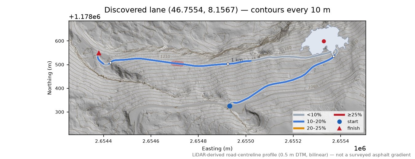 Discovered lane (46.7554, 8.1567) LiDAR hillshade map with contours