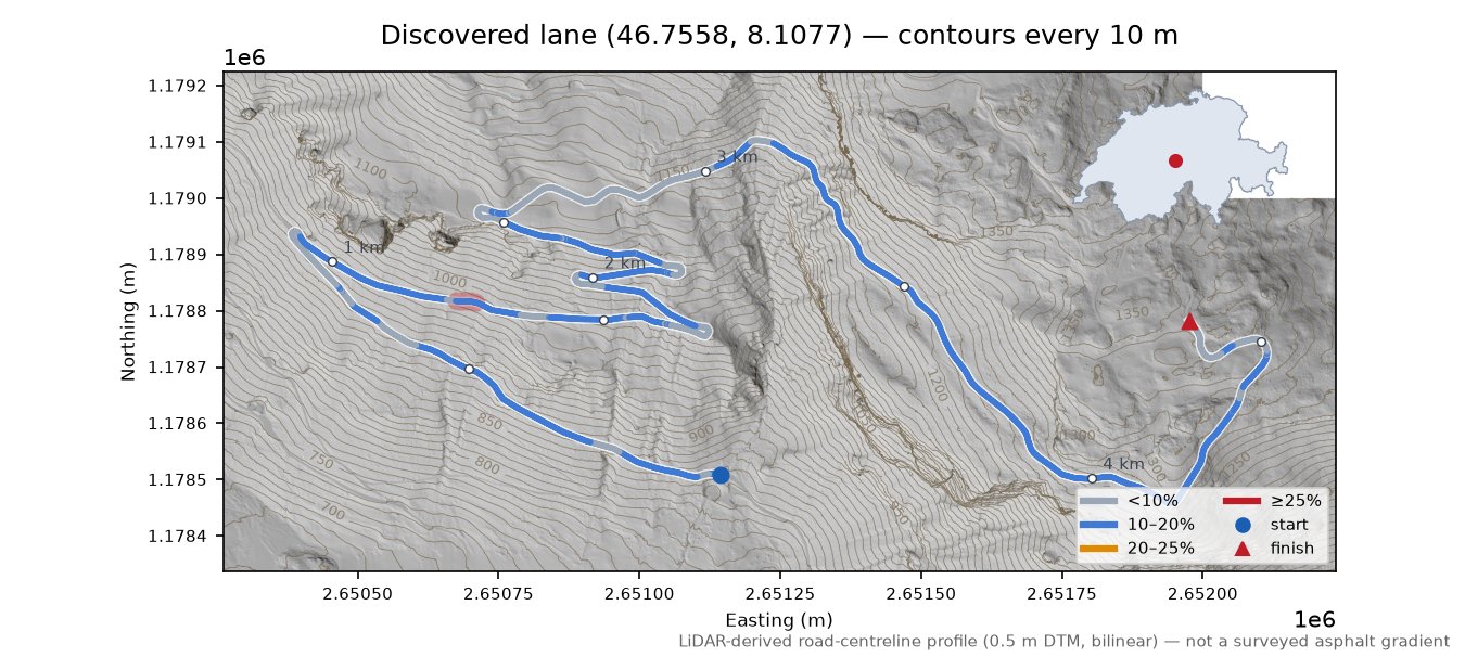 Discovered lane (46.7558, 8.1077) LiDAR hillshade map with contours