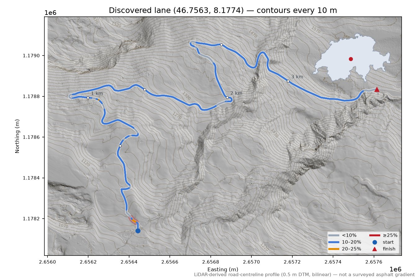 Discovered lane (46.7563, 8.1774) LiDAR hillshade map with contours