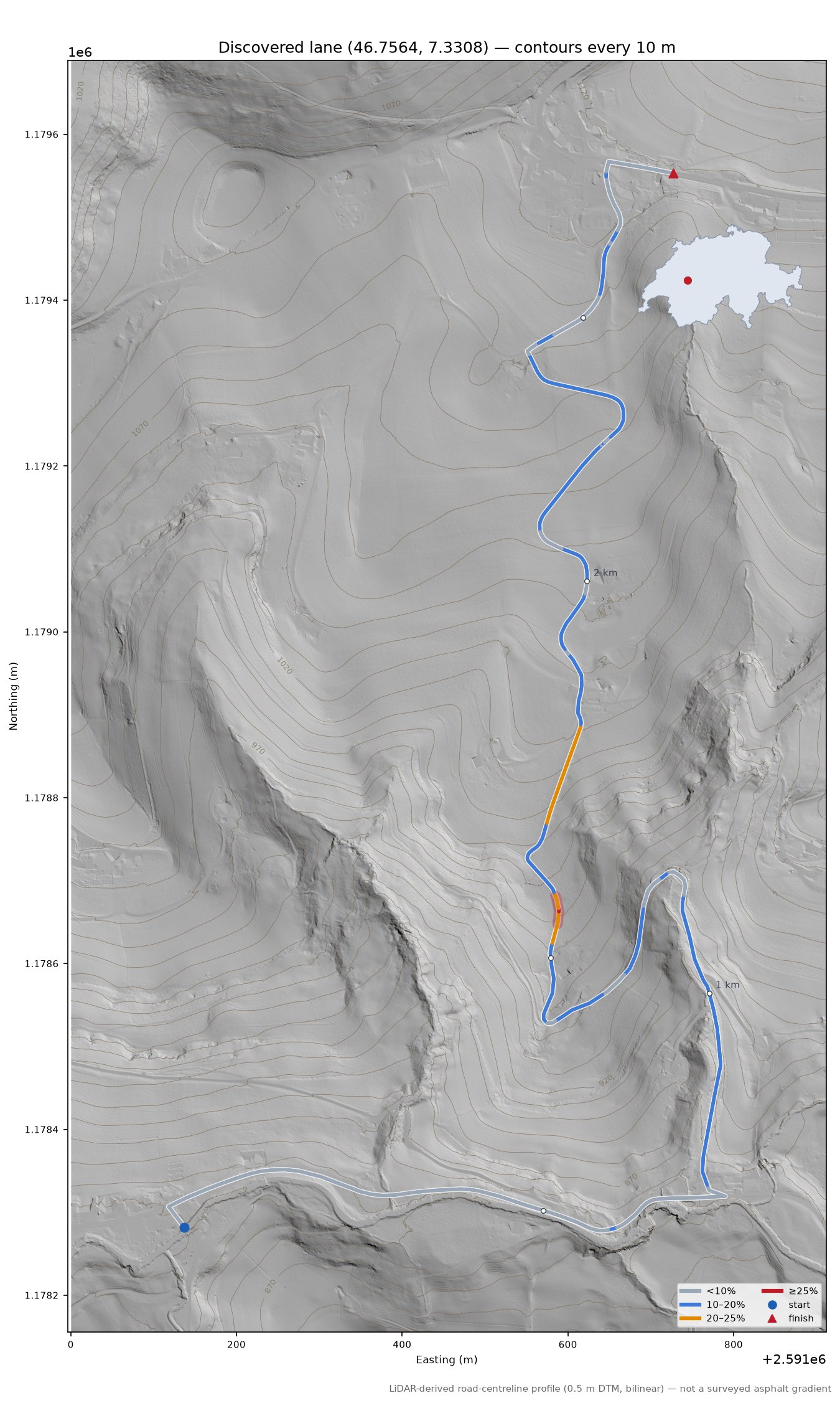 Discovered lane (46.7564, 7.3308) LiDAR hillshade map with contours