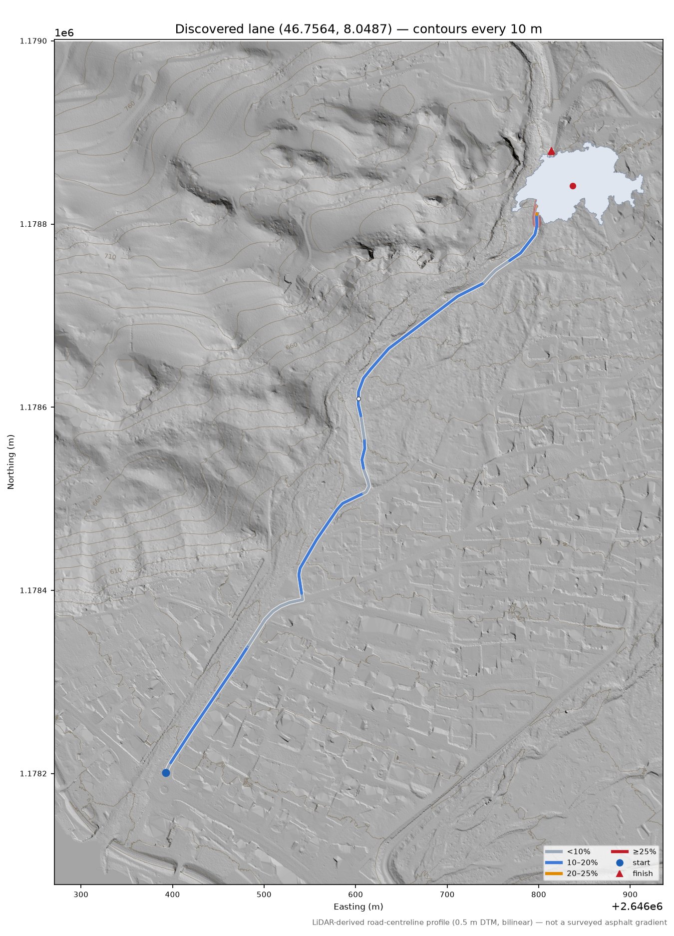 Discovered lane (46.7564, 8.0487) LiDAR hillshade map with contours