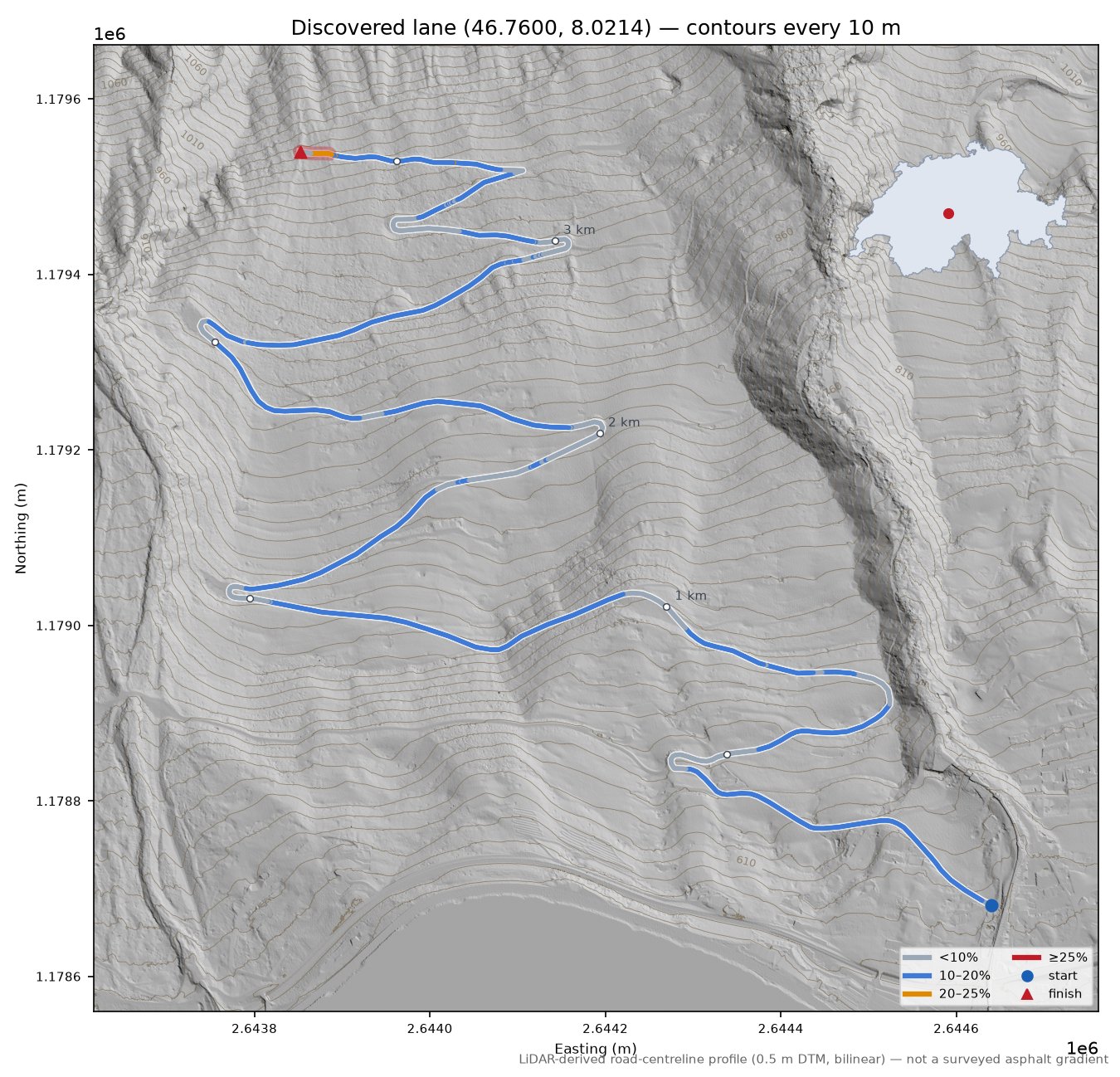 Discovered lane (46.7600, 8.0214) LiDAR hillshade map with contours