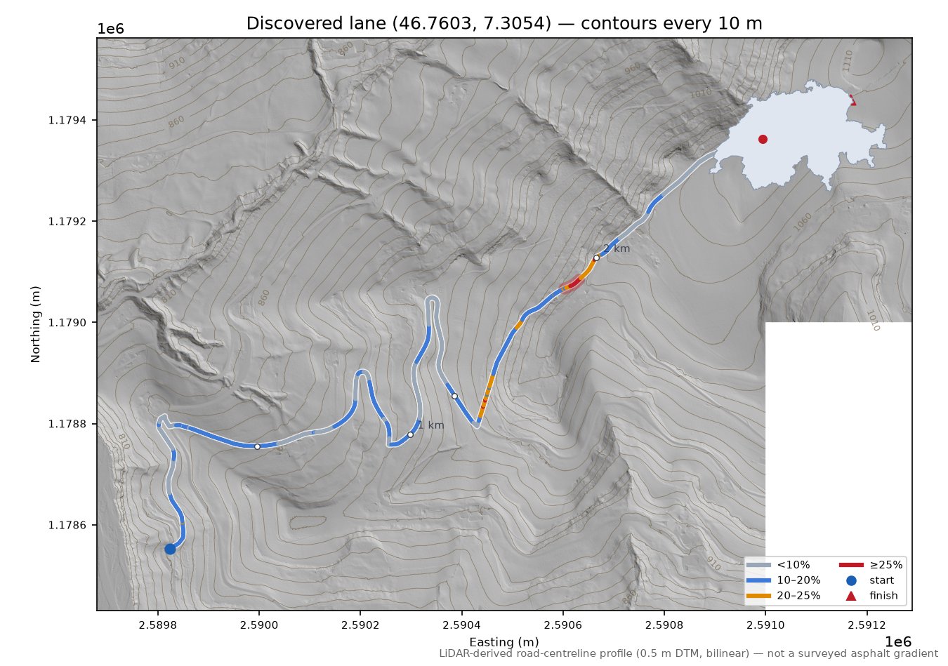 Discovered lane (46.7603, 7.3054) LiDAR hillshade map with contours