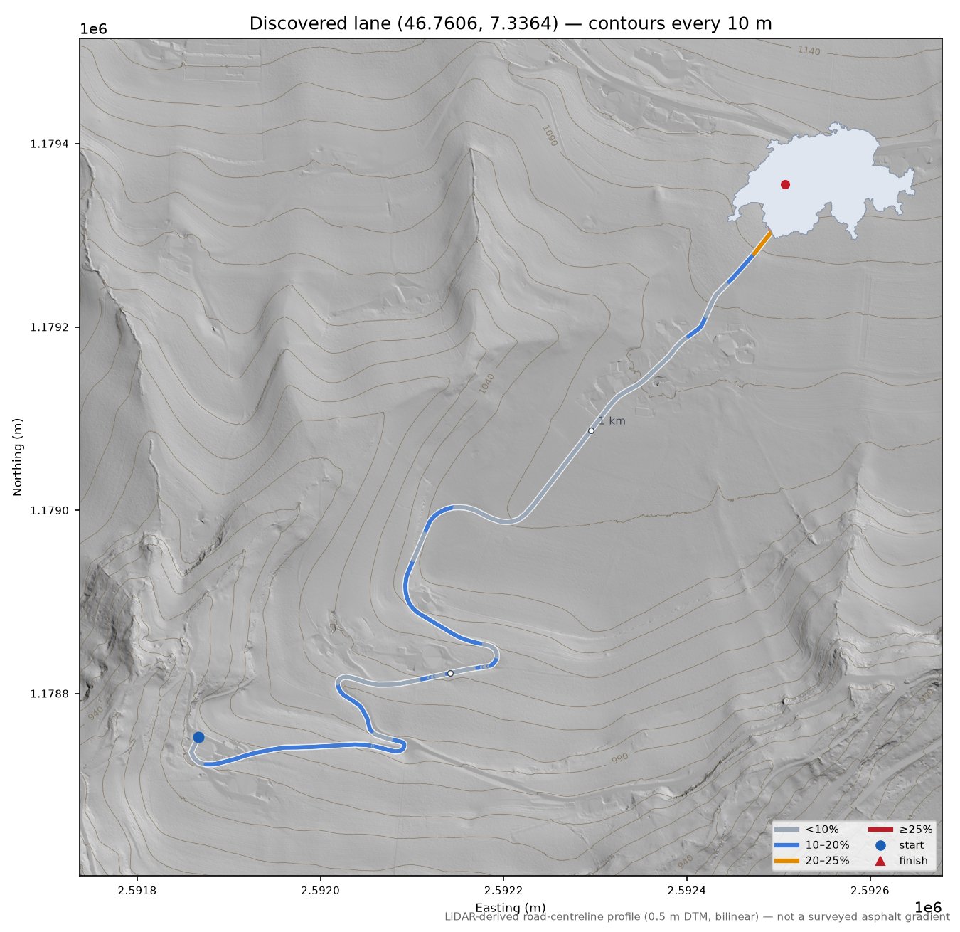 Discovered lane (46.7606, 7.3364) LiDAR hillshade map with contours